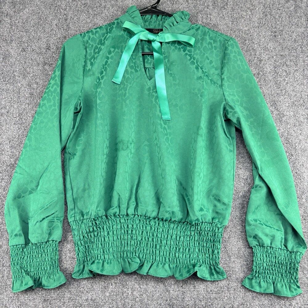 GILI Blouse Womens XXS XS Green Leopard Jacquard Bow Tie Smocked Ruffle